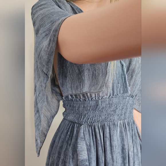 BLUE DRESS MOON RIVER RUFFLES V-NECK OPEN SLEEVES CINCHED WAIST MIDI FULL SKIRT - Picture 14 of 16